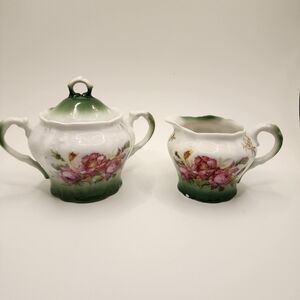 Vintage Floral and Emerald Green accent  Creamer and Sugar Bowl Set